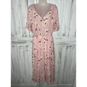 ALL IN FAVOR LIGHT PINK FLORAL HI LO RUFFLE ELASTIC WAIST AIRY BOHO MAXI DRESS M